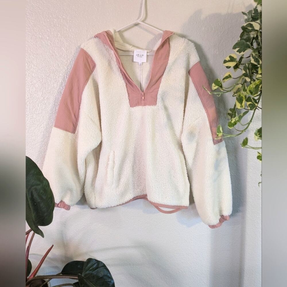 NWT Le Lis Sherpa Hoodie Half-Zip Sz S White and Dusty Pink